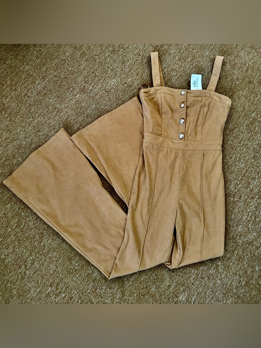 Corduroy Square-Neck Jumpsuit in Camel size small